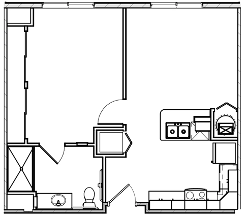 Floor plan for 1 bed, 1 bath, 646 sqft